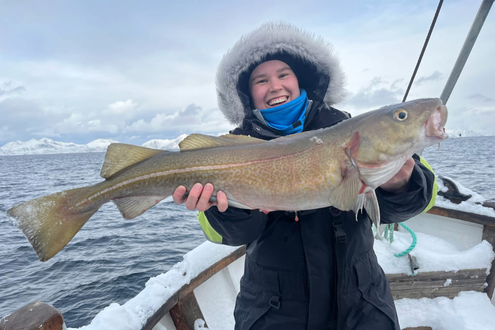 Katherine LeClair holding a bbig fish on a boat in Henningsvaer, Norway.