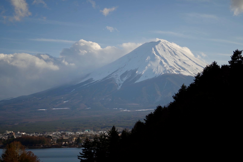 View of Mt. Fuji from a hotel deck.